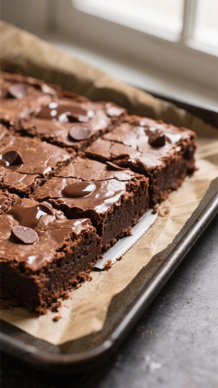 Close-up detail shot of freshly baked gluten-free brownies just out of the pan, showing a glossy, cr