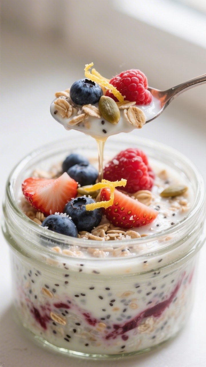 Close-up detail shot: Spoon scooping creamy overnight gluten-free oats studded with blueberries, ras