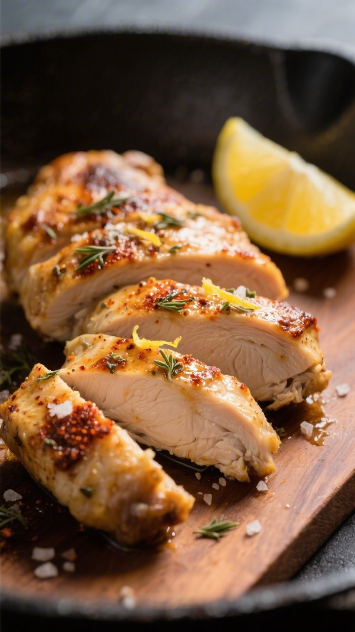 Close-up detail: Sliced, golden-browned Greek marinated chicken thighs just rested and cut on a warm