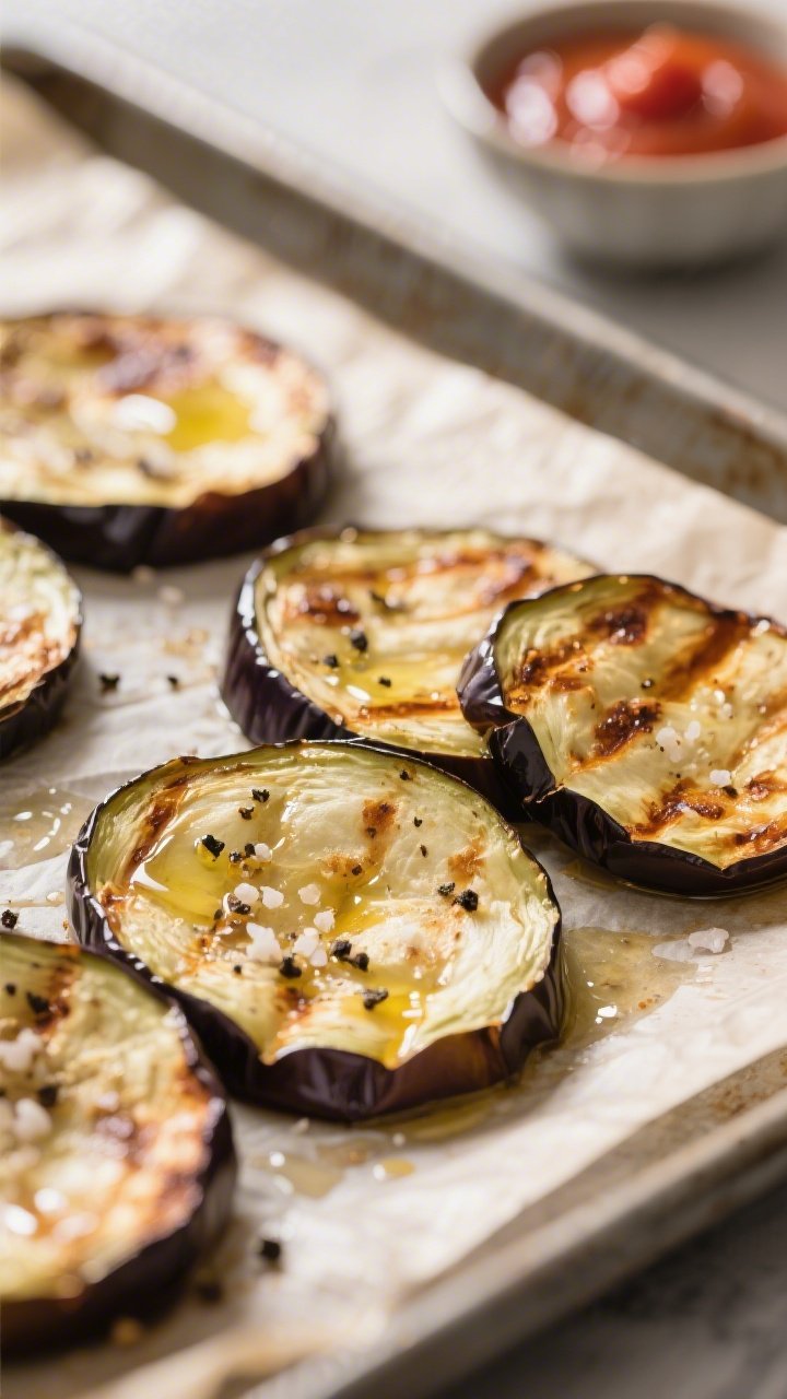 Close-up detail: Sliced, roasted eggplant rounds just out of the oven, lightly browned edges and fle