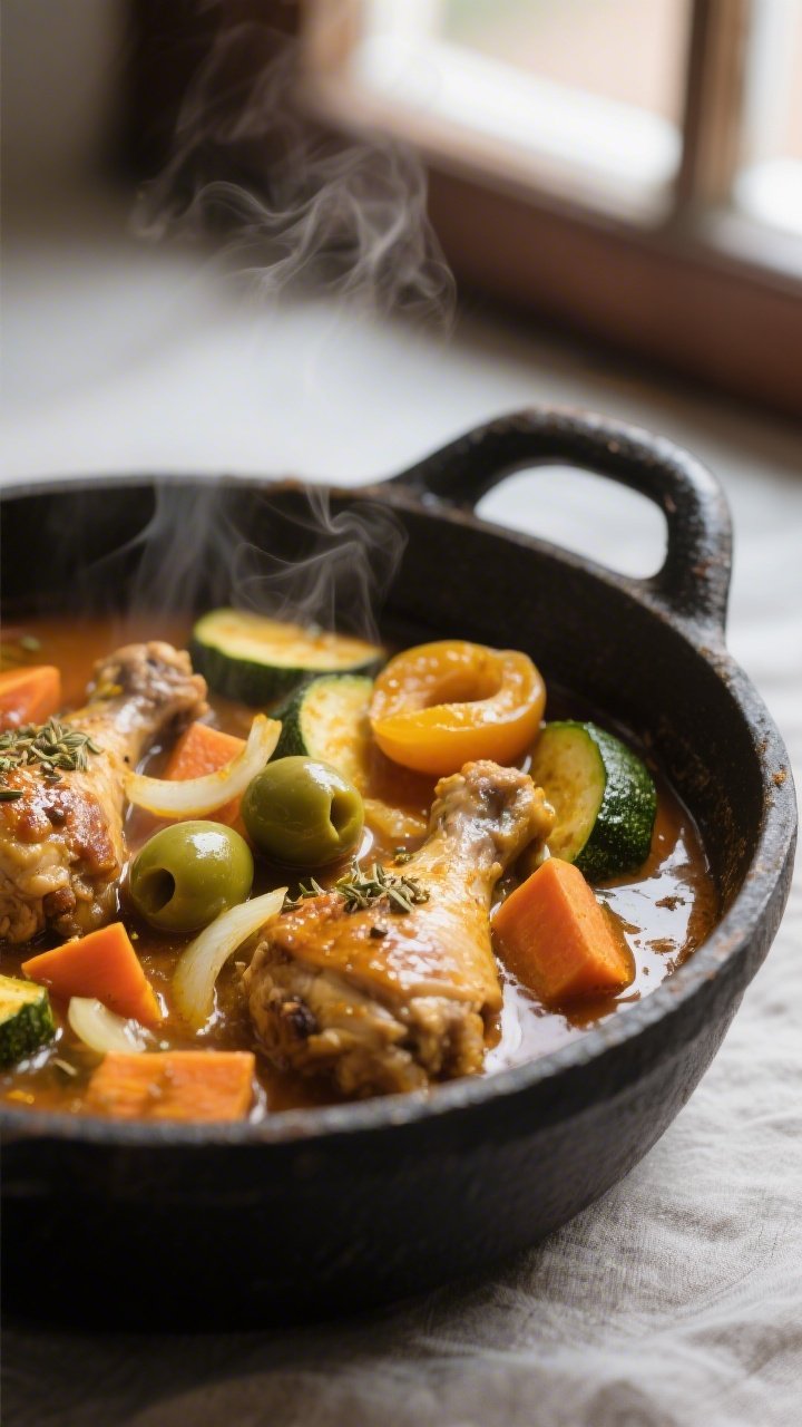 Close-up detail: Slow-simmered Moroccan tagine sauce bubbling in a heavy pot, showcasing tender chic