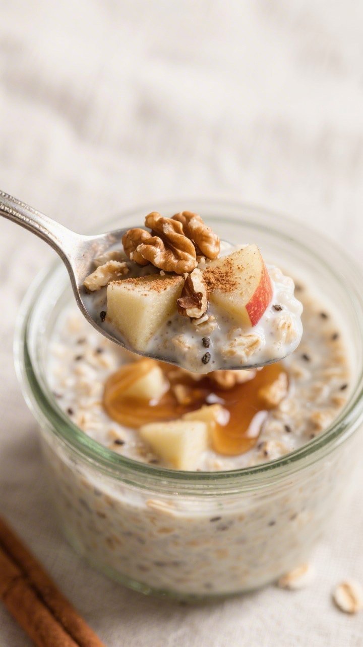 Close-up detail: Spoonful of apple cinnamon overnight oats lifted from a wide-mouth glass jar, showi