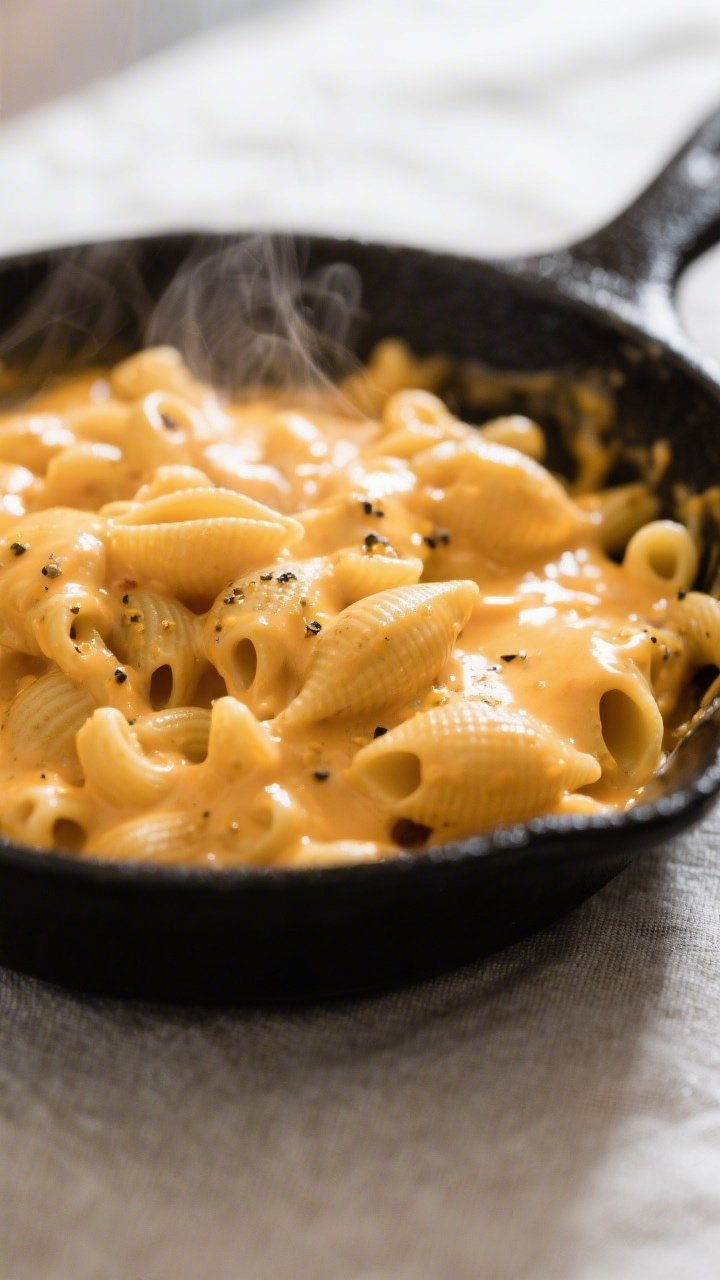 Close-up detail: Ultra-creamy gluten-free mac and cheese being finished in the pan, pasta shells coa
