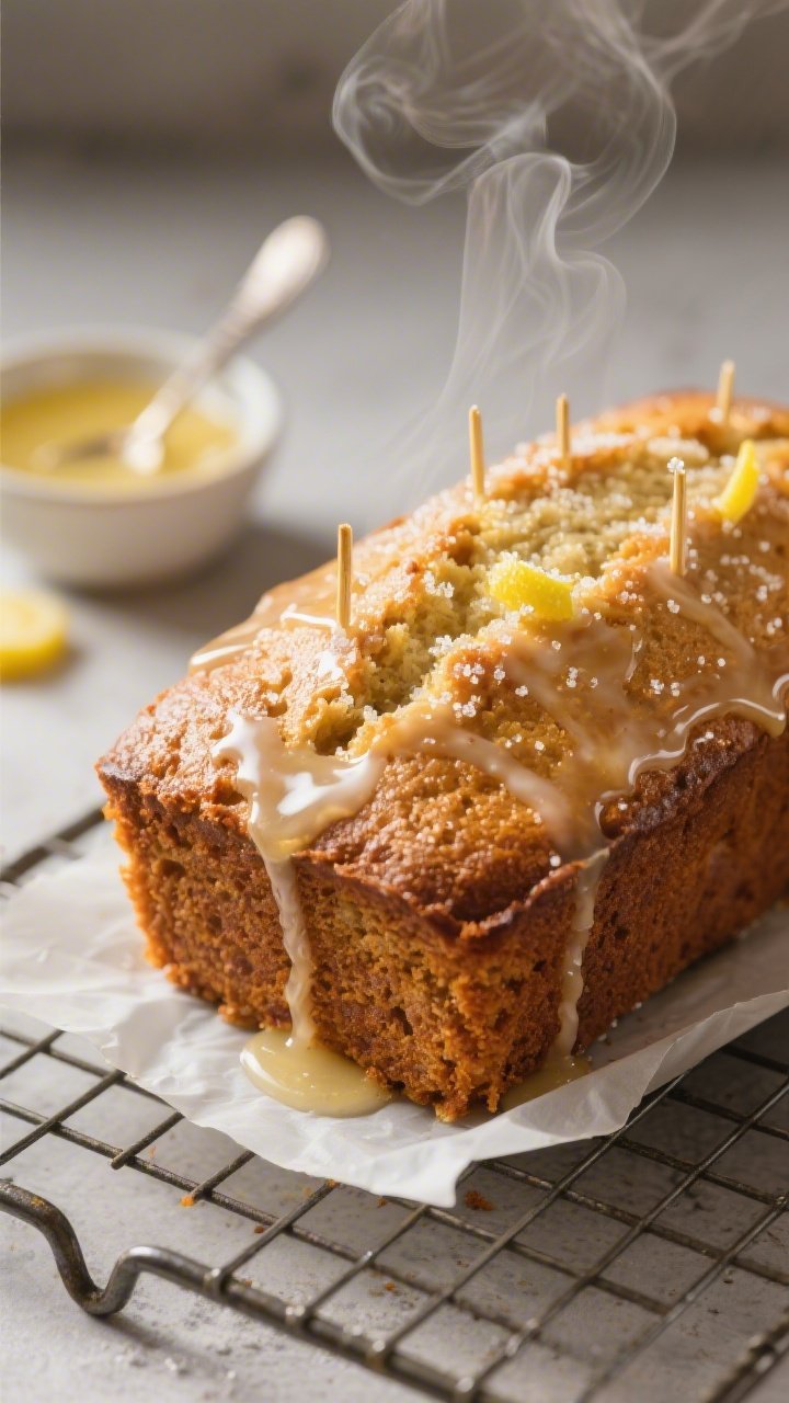 Close-up detail: Warm gluten-free lemon drizzle loaf just out of the pan on a cooling rack, top glis
