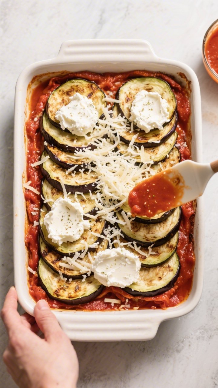 Cooking process: Assembly of the gluten-free eggplant bake in a 9x13-inch baking dish at the layerin