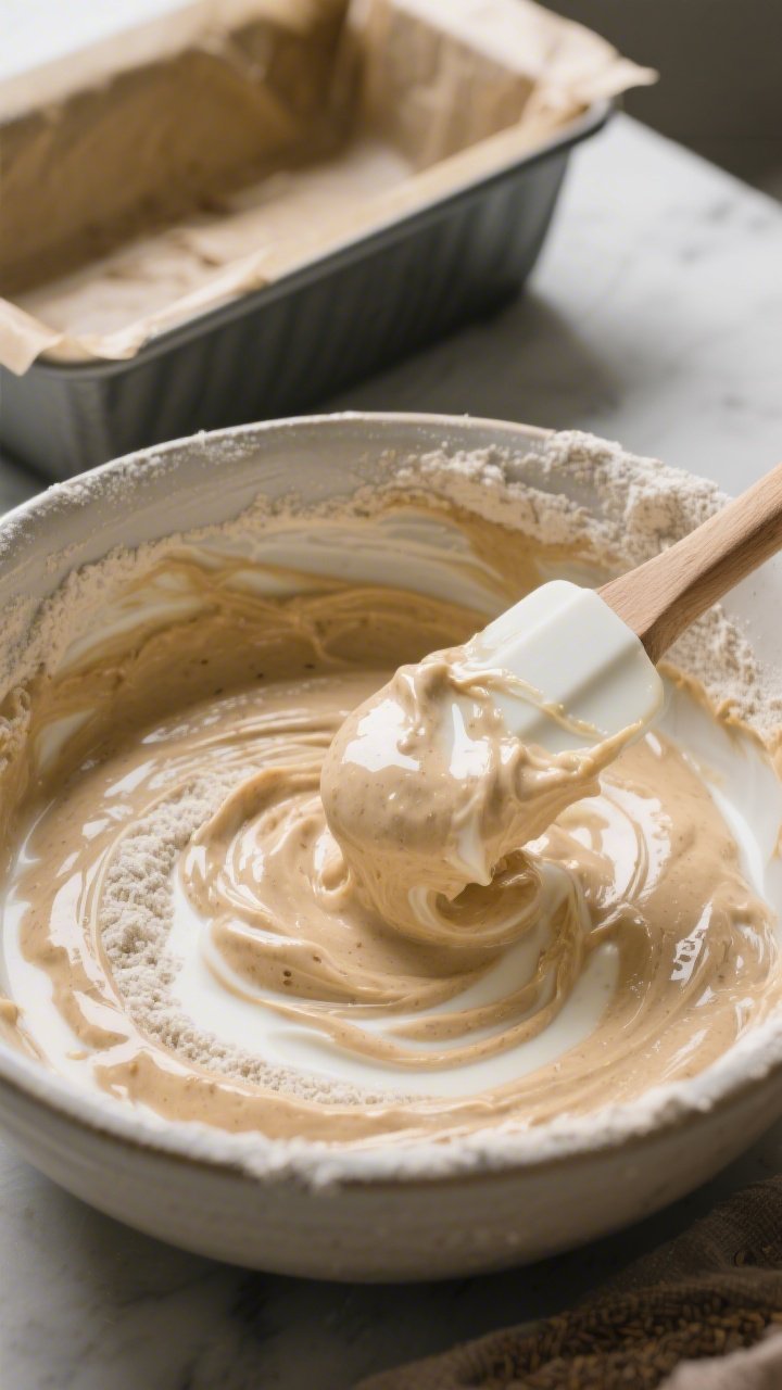 Cooking process: Batter being gently folded “just until combined” in a large bowl with a spatula