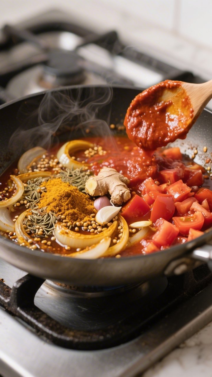 Cooking process — Bloomed spices and sauce base: Close-up of a heavy-bottomed pot on the stove wit