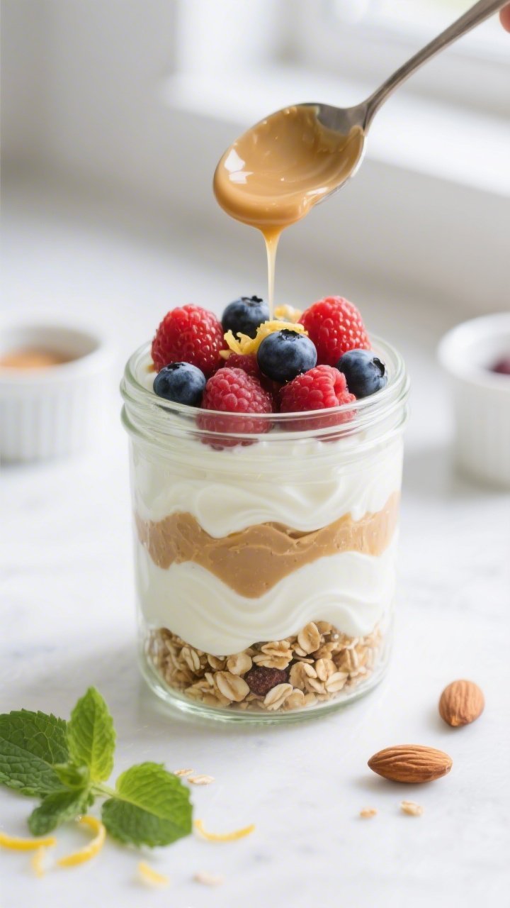 Cooking process close-up: A half-assembled gluten-free yogurt parfait in a clear glass jar, tight ma