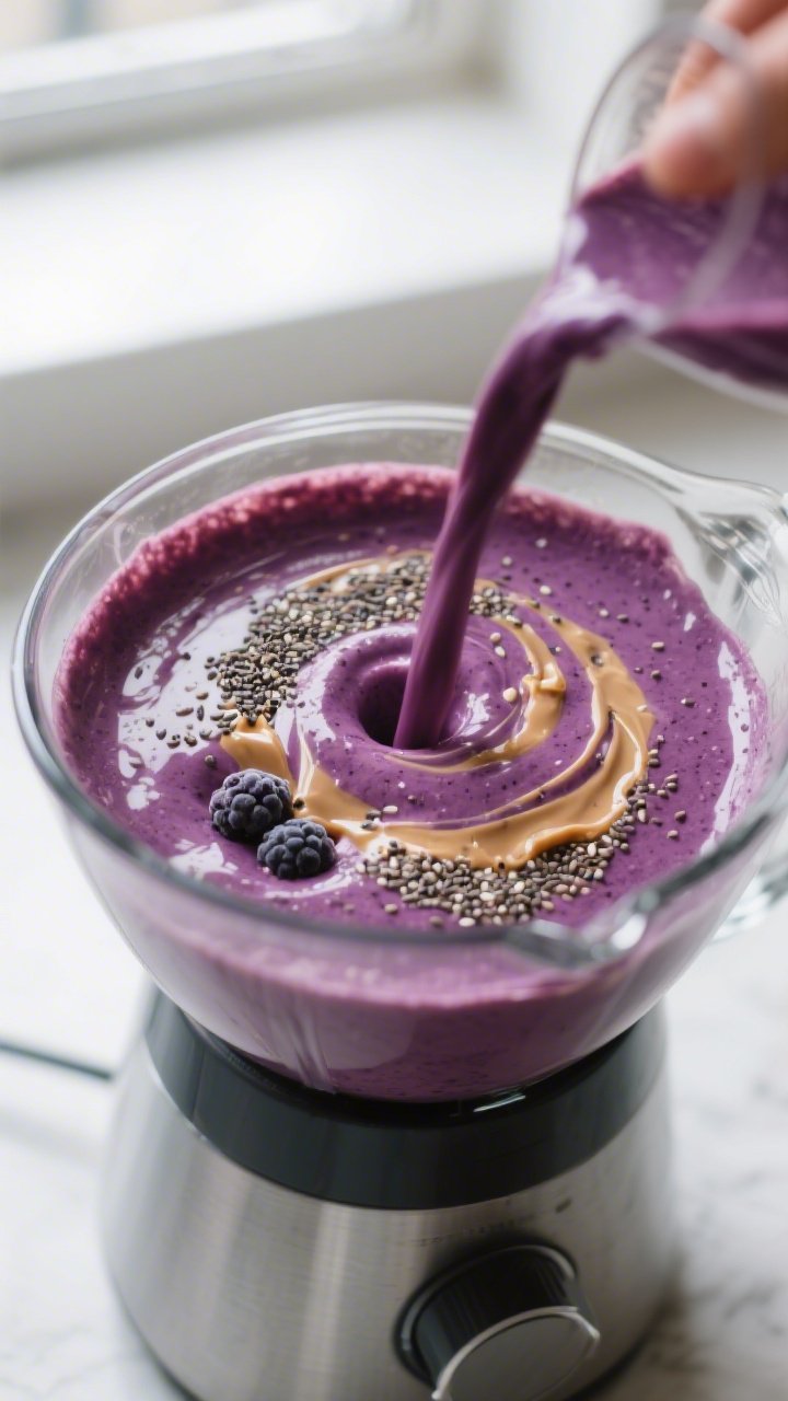 Cooking process close-up: A high-speed blender mid-blend with a thick, creamy swirl of deep berry-pu