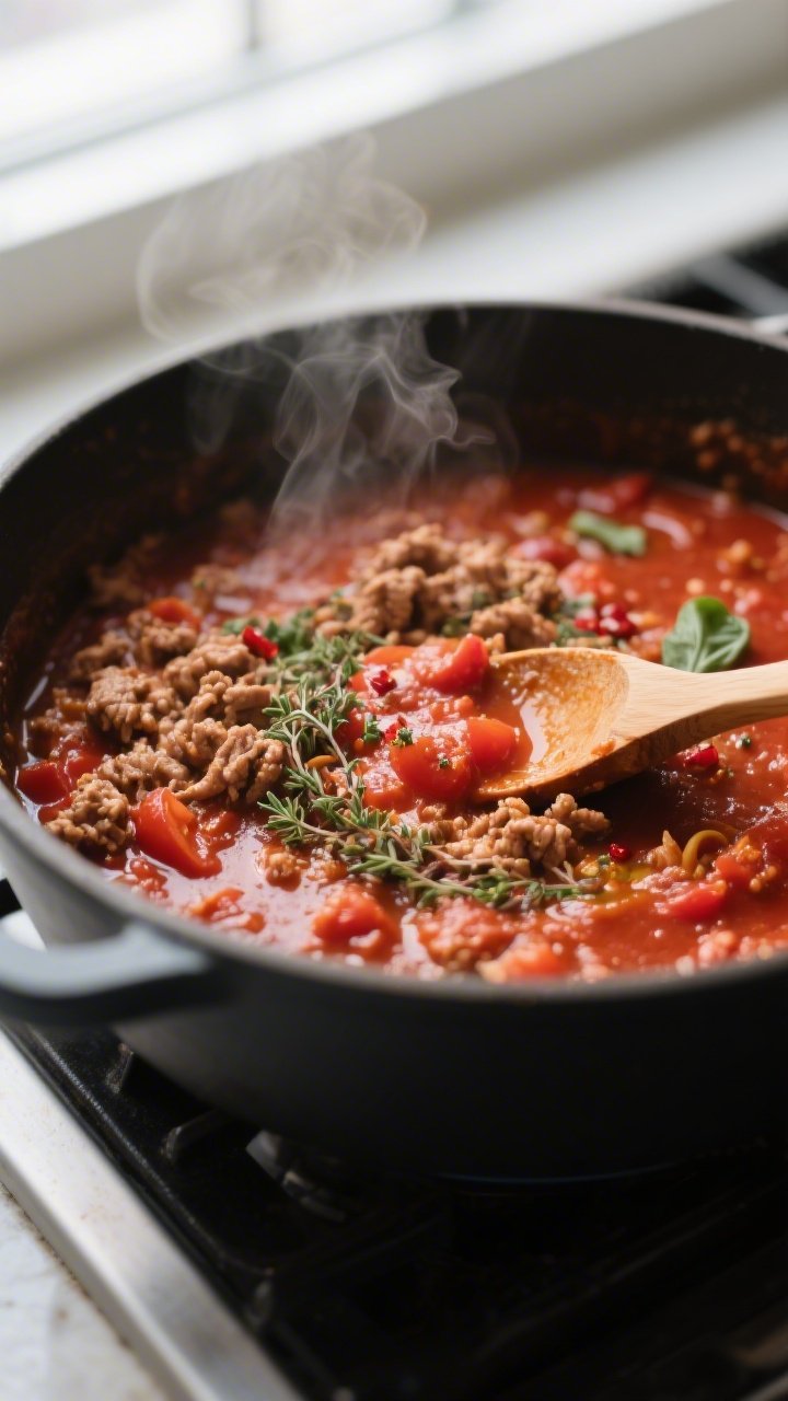 Cooking process close-up: A simmering pot of homemade gluten-free lasagna sauce with browned ground 