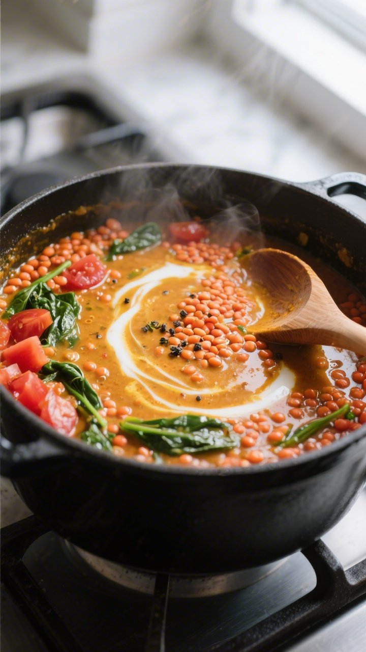 Cooking process close-up: A steamy, one-pot red lentil curry mid-simmer in a matte black Dutch oven,