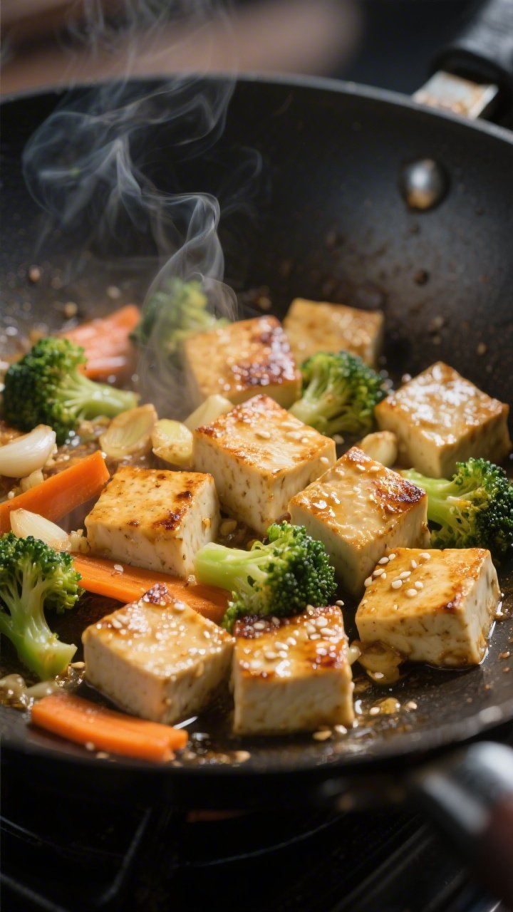 Cooking process, close-up action: Extra-firm tofu cubes and sliced tempeh searing to a golden crust 