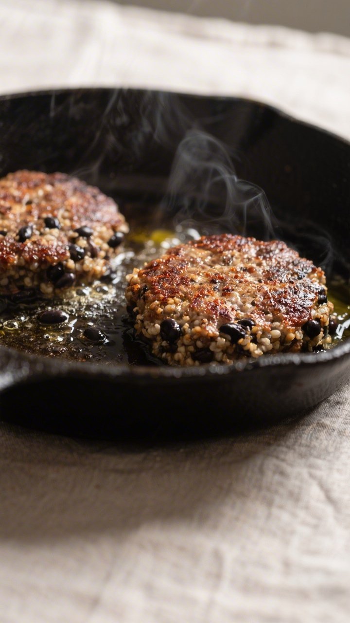 Cooking process close-up: Black bean and quinoa burger patties sizzling in a cast-iron skillet, medi