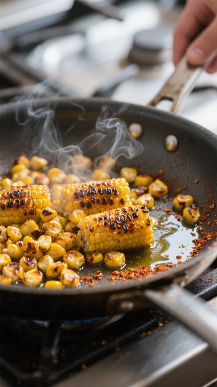 Cooking process close-up: Charred corn kernels sizzling in a large, heavy skillet, some kernels deep