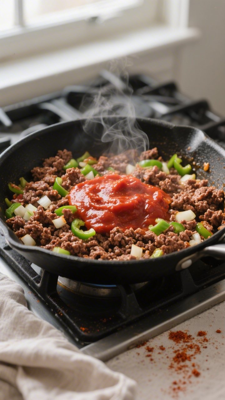 Cooking process, close-up detail: A large skillet on the stovetop with browned, crumbled lean ground