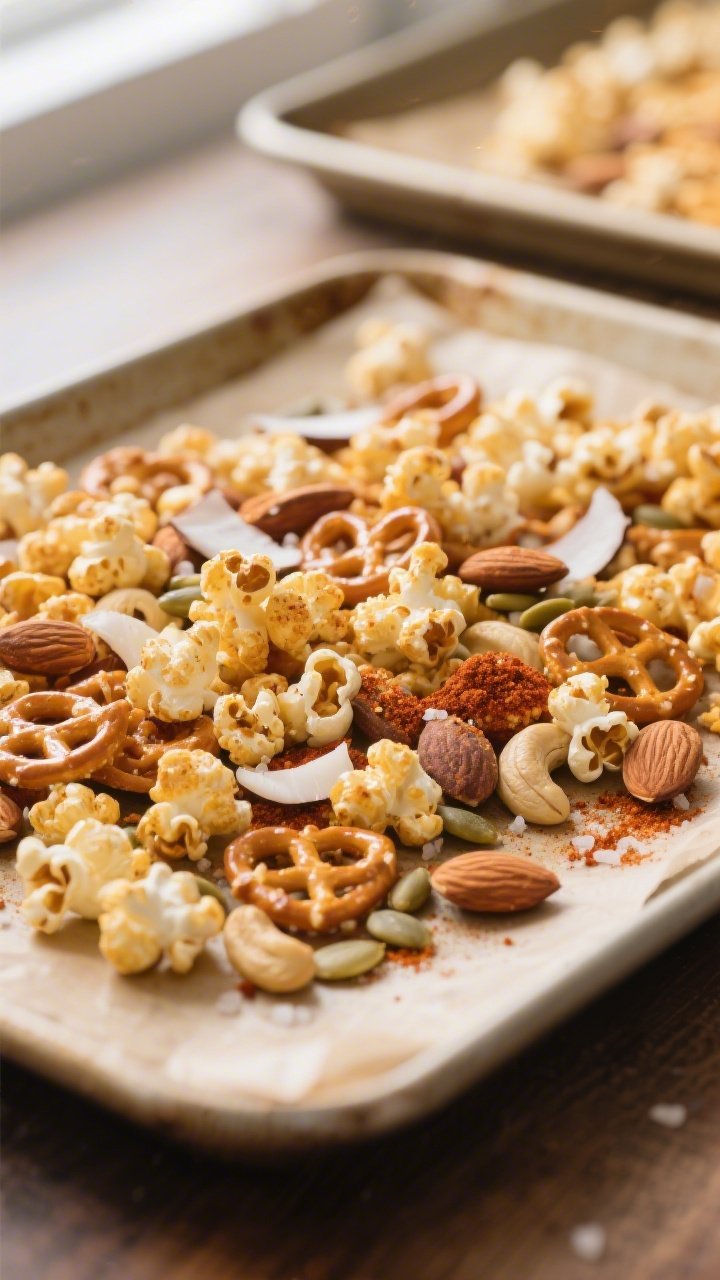 Cooking process, close-up detail: A parchment-lined baking sheet filled with the seasoned gluten-fre