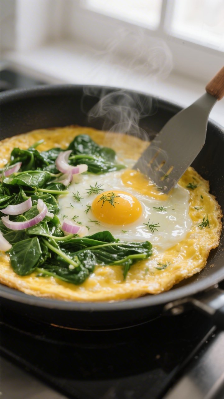 Cooking process, close-up detail: Close-up of a golden, just-set omelette base in a nonstick skillet