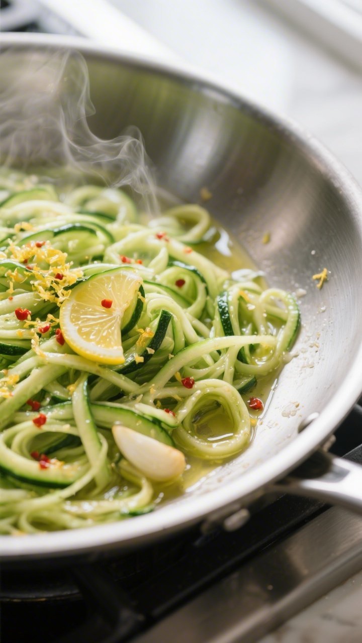 Cooking process, close-up detail: Sautéed zucchini noodles tossed in a wide stainless-steel skillet