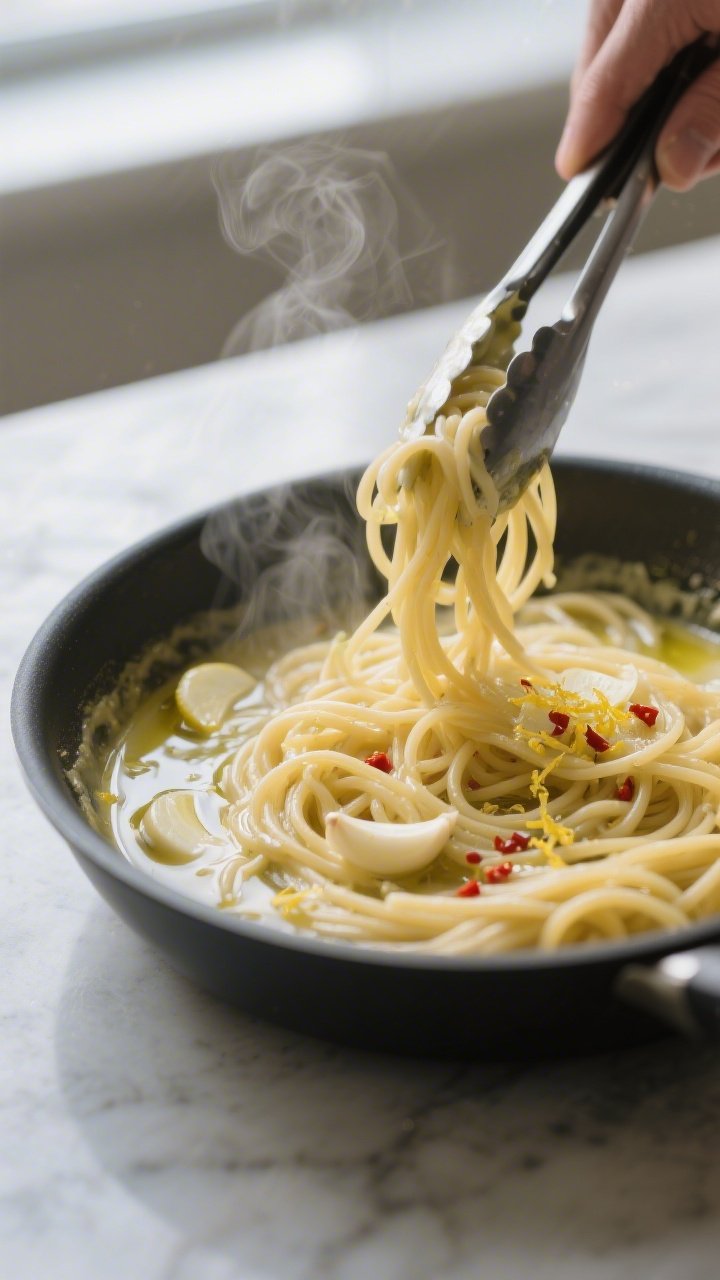 Cooking process, close-up detail: Silky dairy-free garlic pasta sauce forming in a wide skillet as a