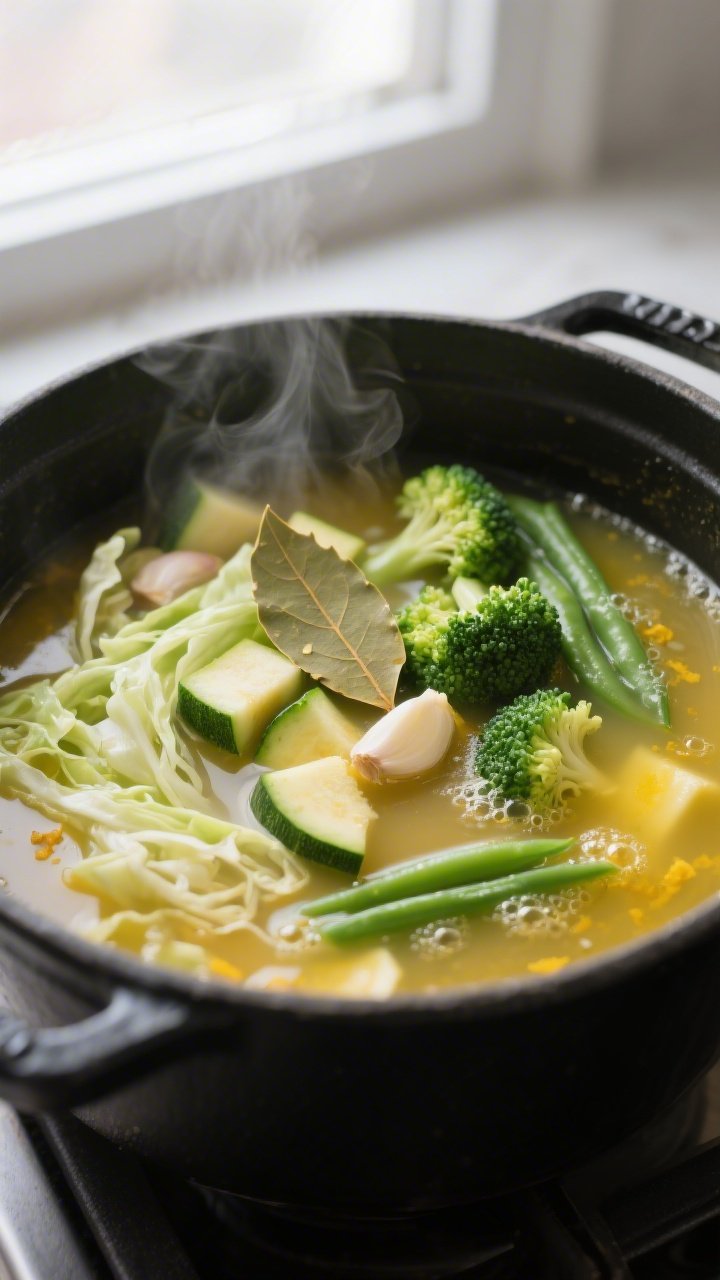 Cooking process, close-up detail: Steam-kissed pot shot of the detox vegetable soup at the “finish