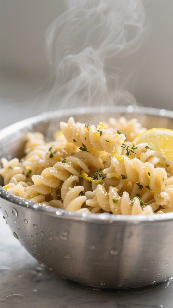 Cooking process, close-up detail: Steaming-hot gluten-free fusilli just drained and rinsed, beads of