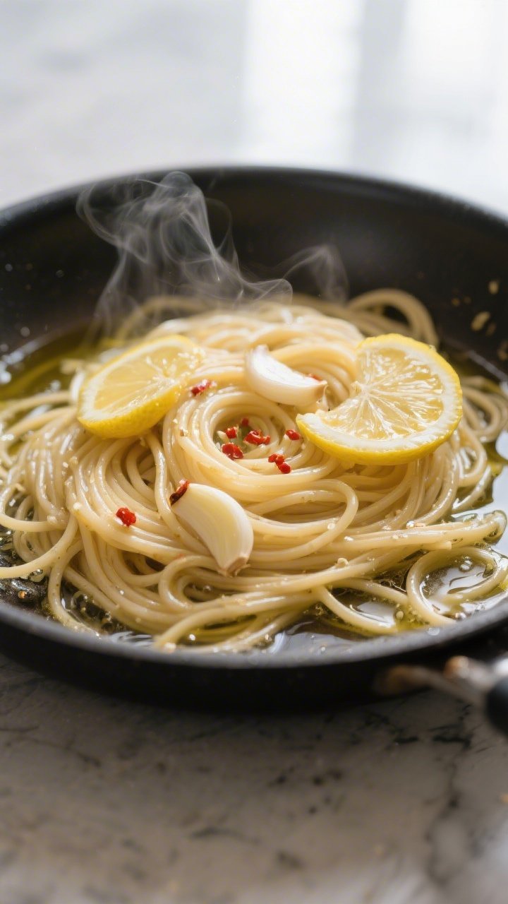 Cooking process close-up: Gluten-free spaghetti swirling in a shallow skillet as glossy garlic-lemon