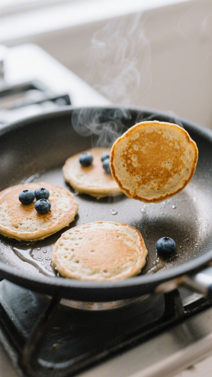 Cooking process close-up: Gluten-free vegan pancakes on a preheated nonstick skillet, 4-inch rounds
