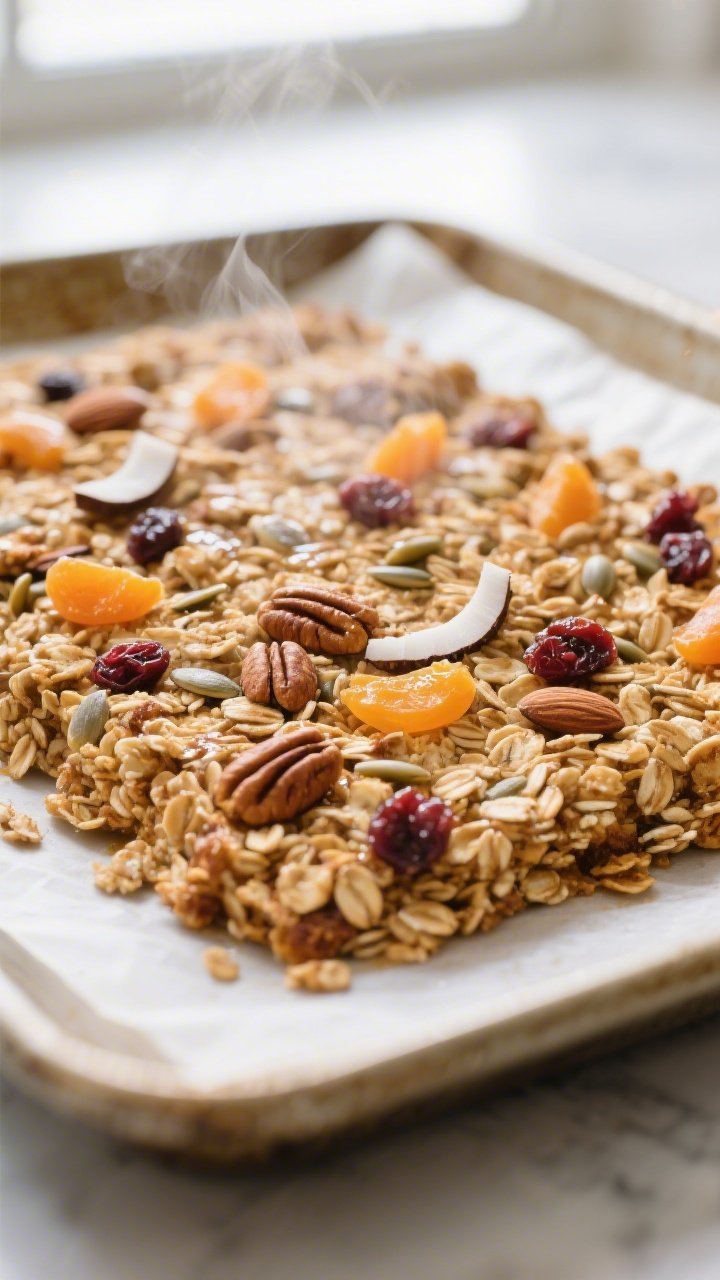 Cooking process close-up: Golden gluten-free granola just out of the oven on a parchment-lined sheet