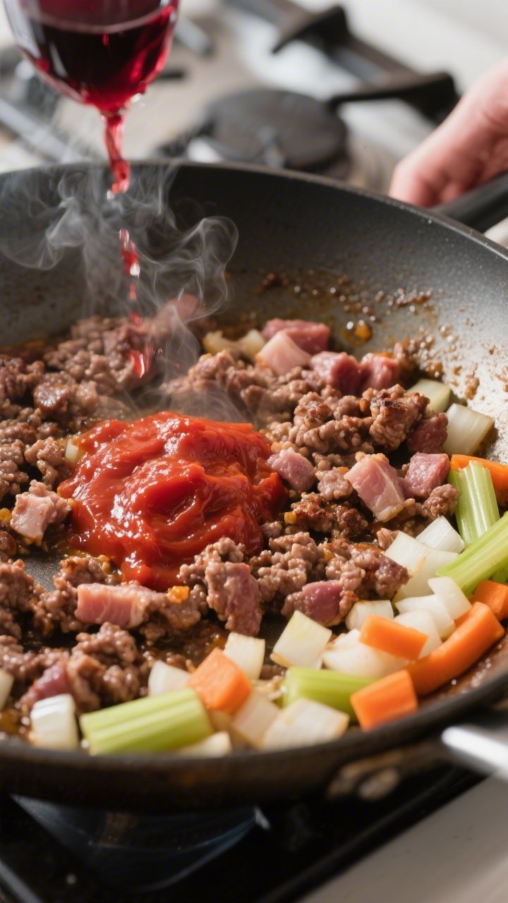 Cooking process close-up: Ground beef and pork browning deeply in a wide, heavy skillet with softene