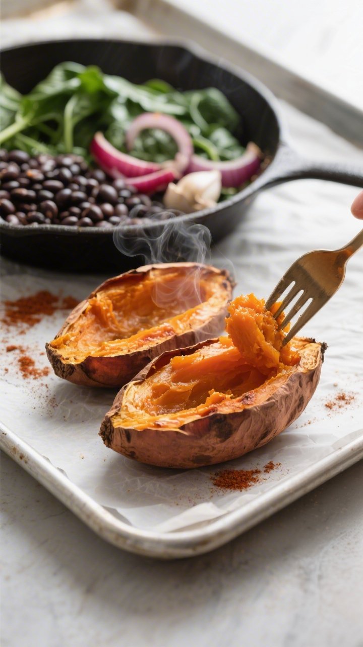 Cooking process close-up: Halved baked sweet potatoes just out of the oven at 425°F, skins slightly