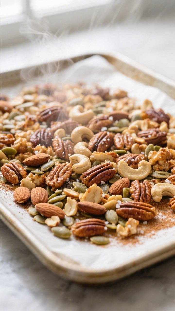 Cooking process: Close-up of freshly toasted mixed nuts and seeds (almonds, cashews, pecans, pumpkin