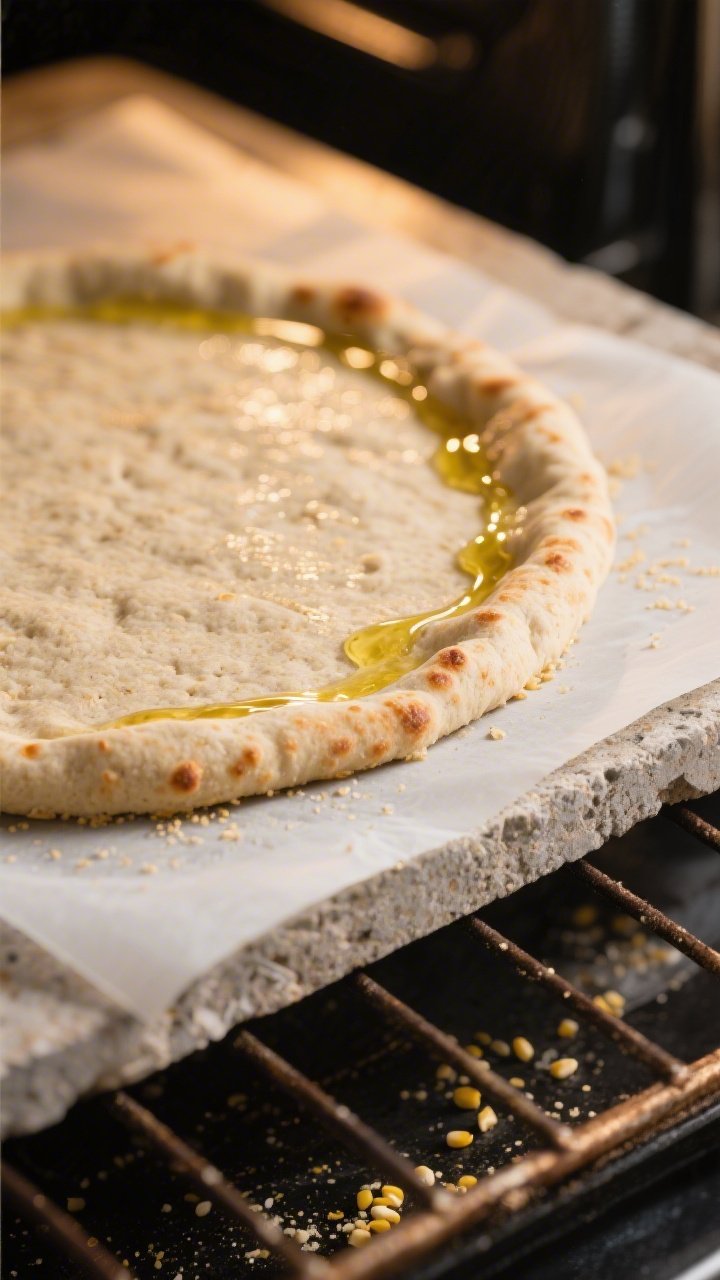 Cooking process close-up: Par-baked gluten-free pizza crust just out of a 500°F oven on a parchment