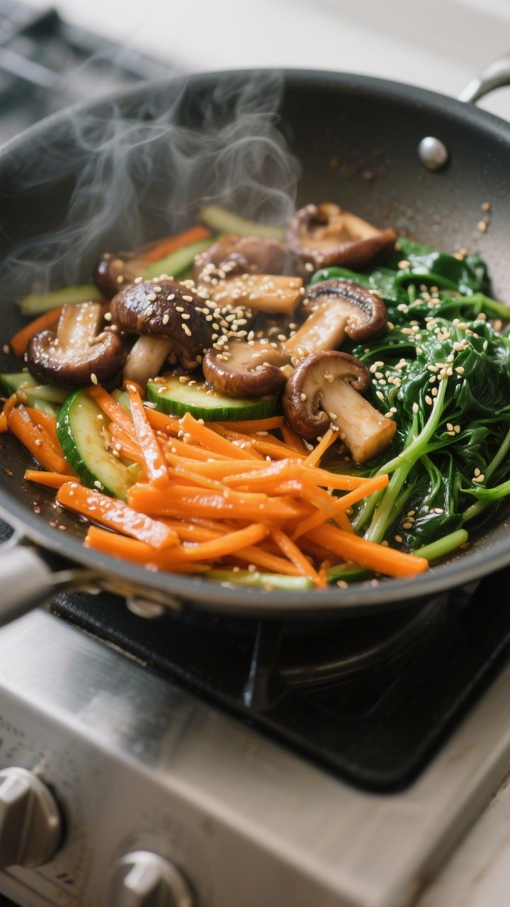 Cooking process close-up: Sautéed bibimbap vegetables in a wide stainless skillet—carrots and zuc
