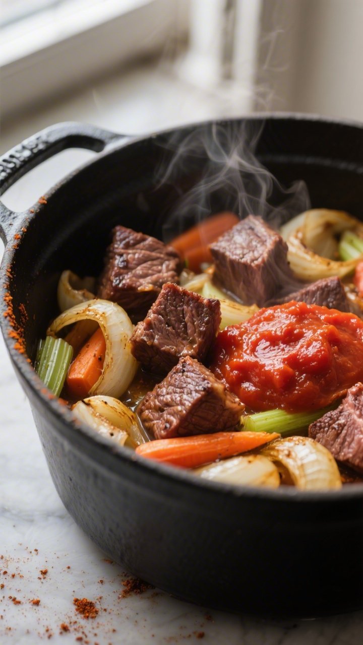 Cooking process, close-up: Seared beef chuck cubes nestled among sautéed onions, carrots, and celer