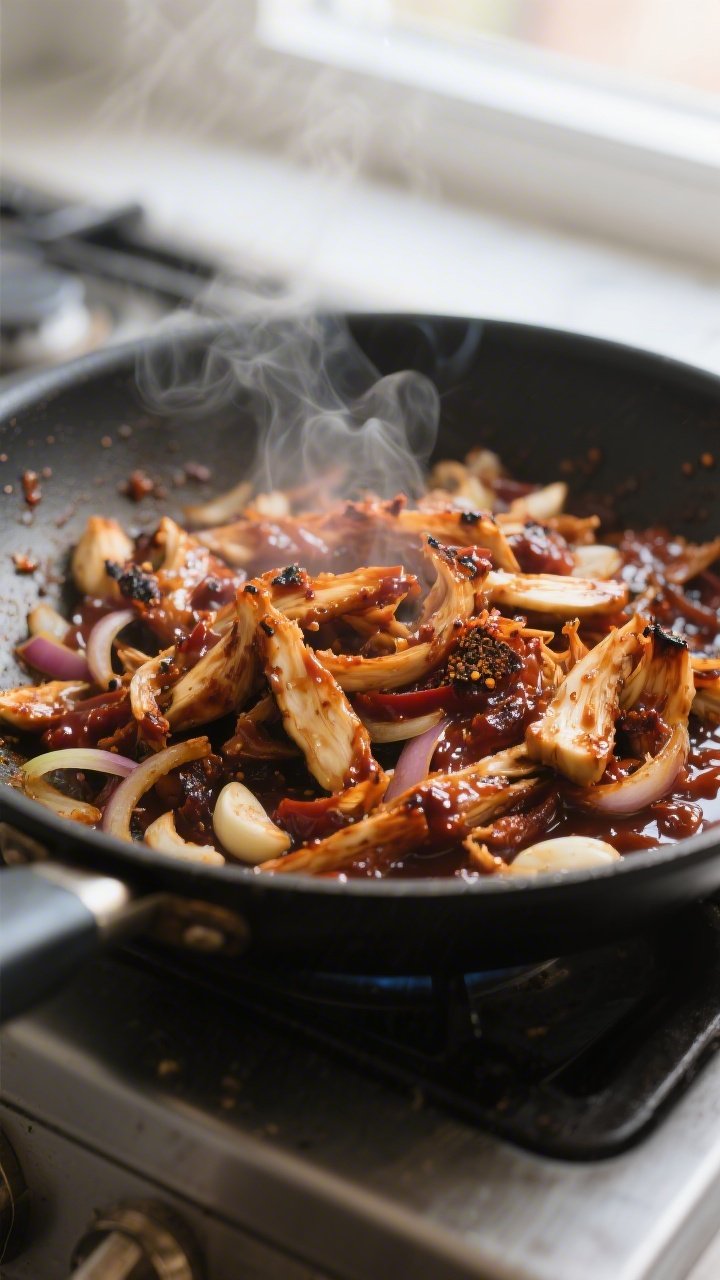 Cooking process close-up: Shredded young jackfruit sizzling in a wide skillet after sautéing onions