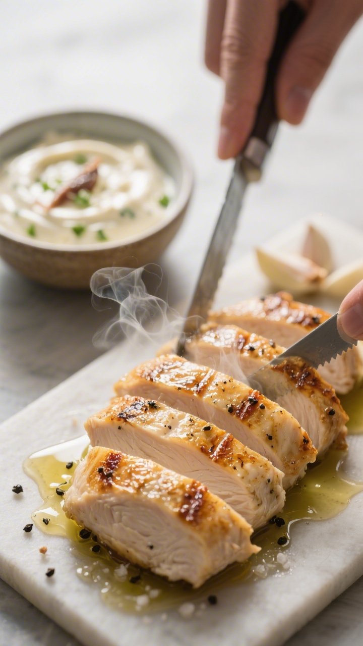 Cooking process close-up: Sliced, just-rested pan-seared chicken breast being fanned onto a board, g