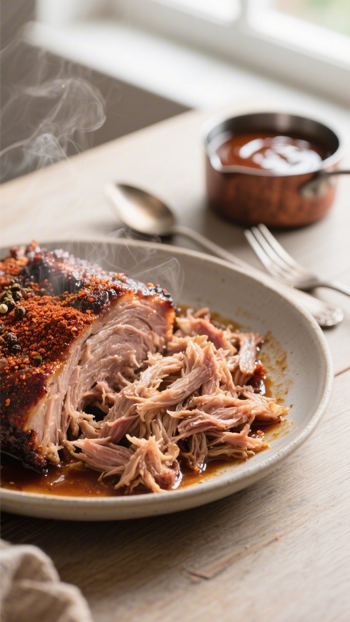 Cooking process close-up: Tender pulled pork just after shredding in a wide, shallow bowl, glistenin