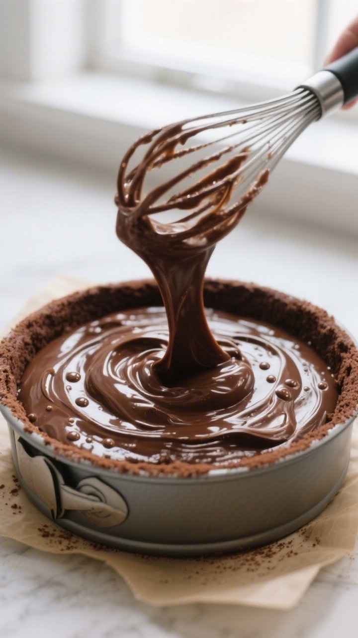 Cooking process close-up: Thick, glossy vegan gluten-free chocolate cake batter being whisked just a