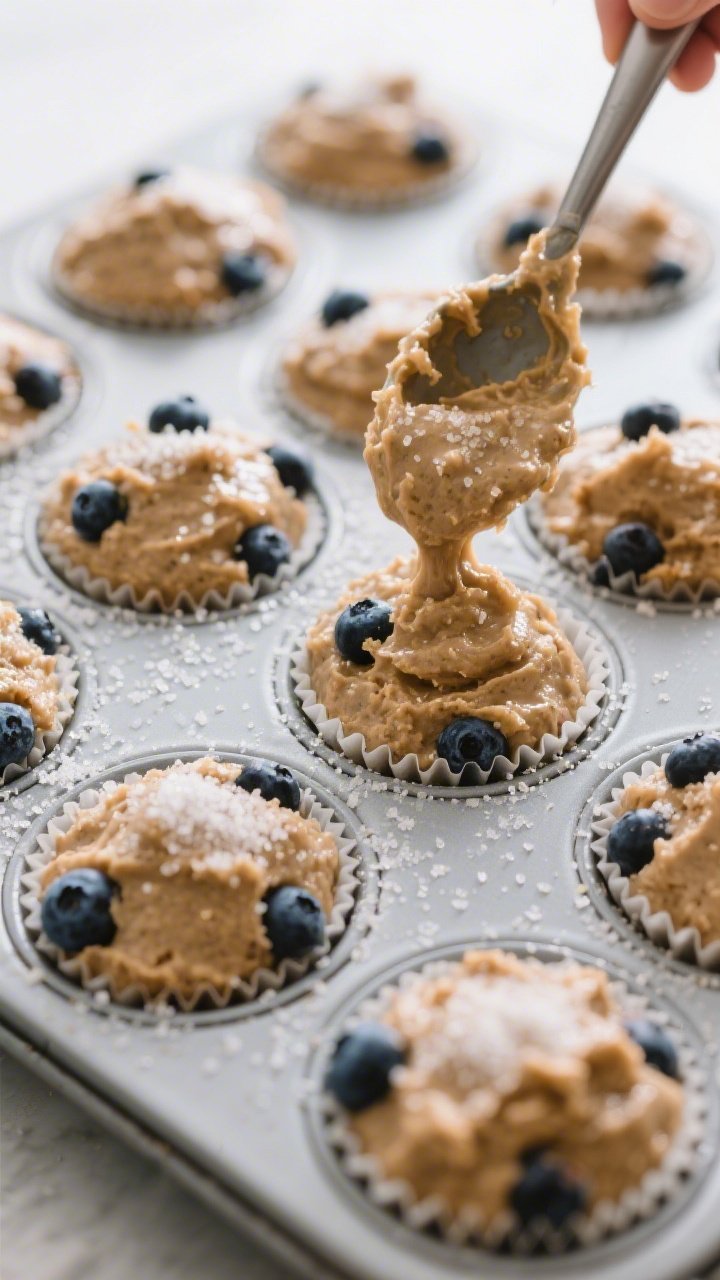 Cooking process close-up: Thick, scoopable gluten-free blueberry muffin batter being portioned into 