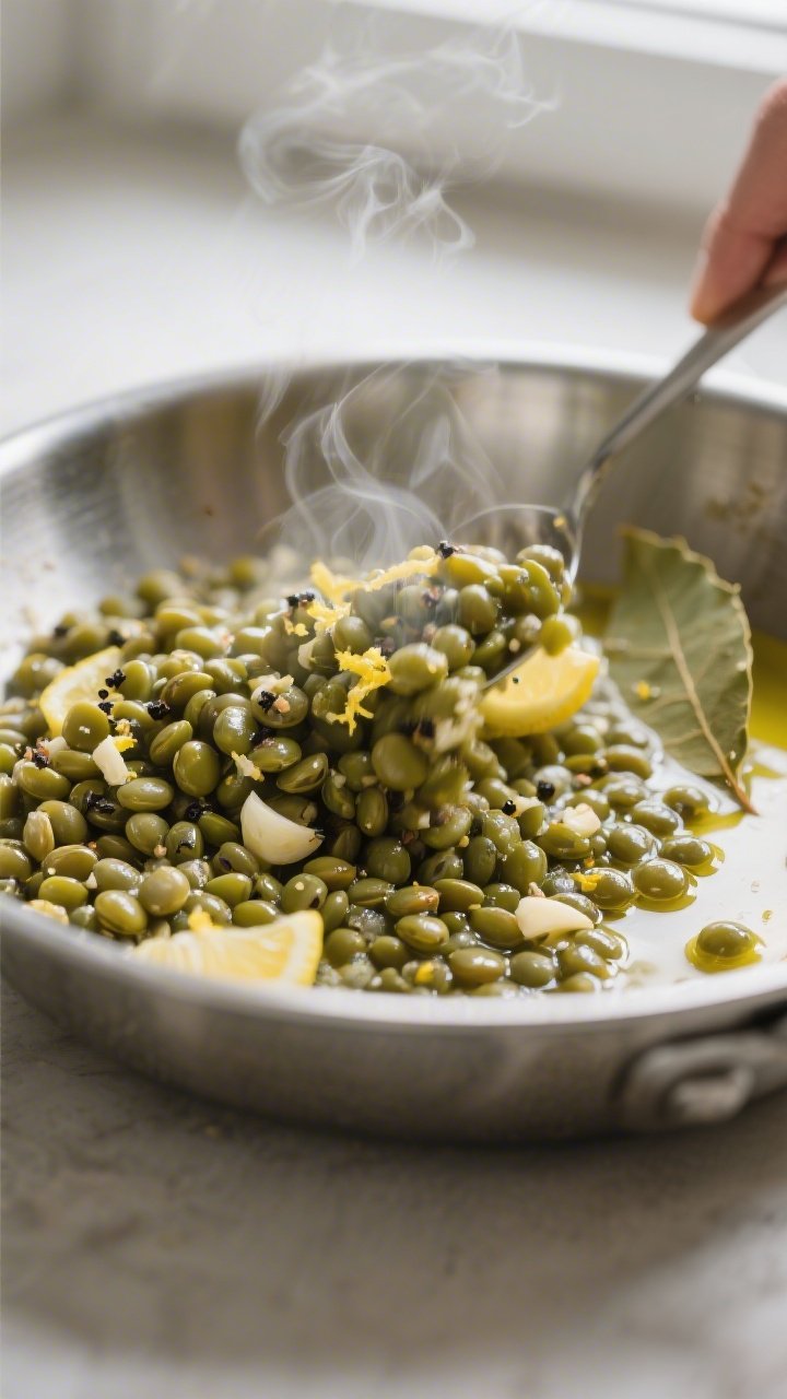 Cooking process close-up: Warm, just-cooked French green lentils being tossed with glossy lemon-Dijo
