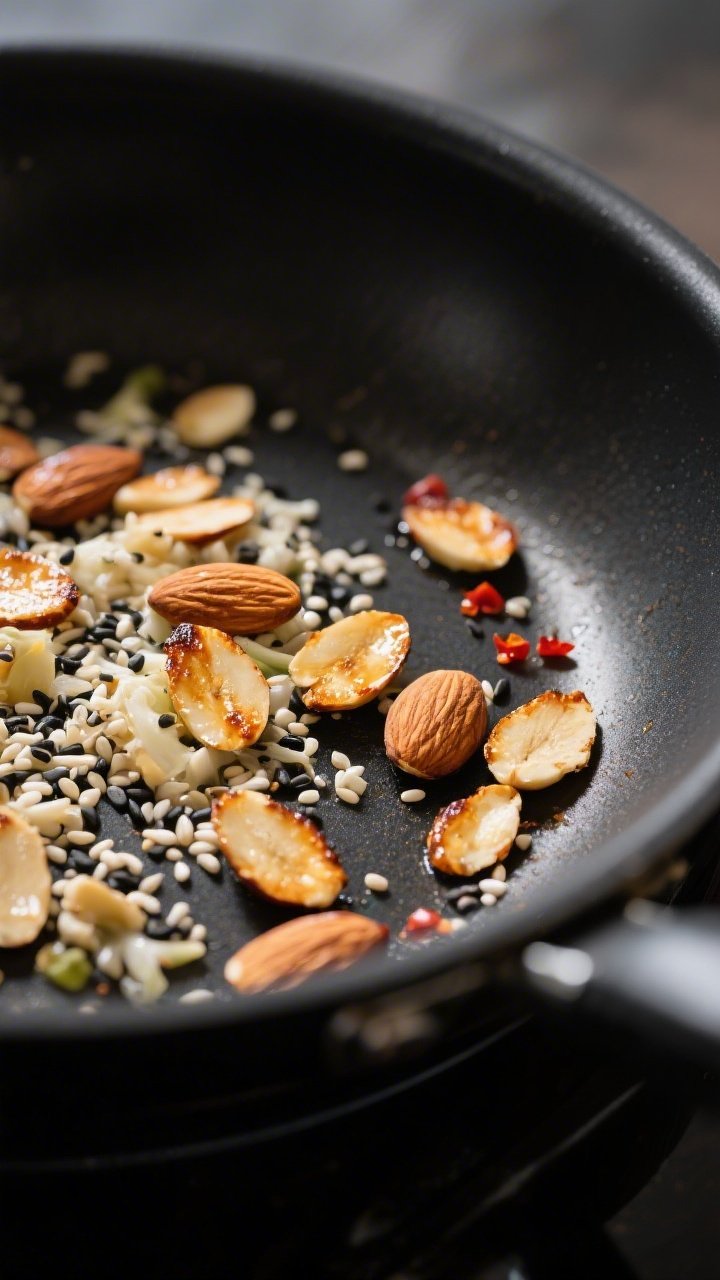 Cooking process close-up: Warm skillet toasting sliced almonds and mixed white/black sesame seeds fo
