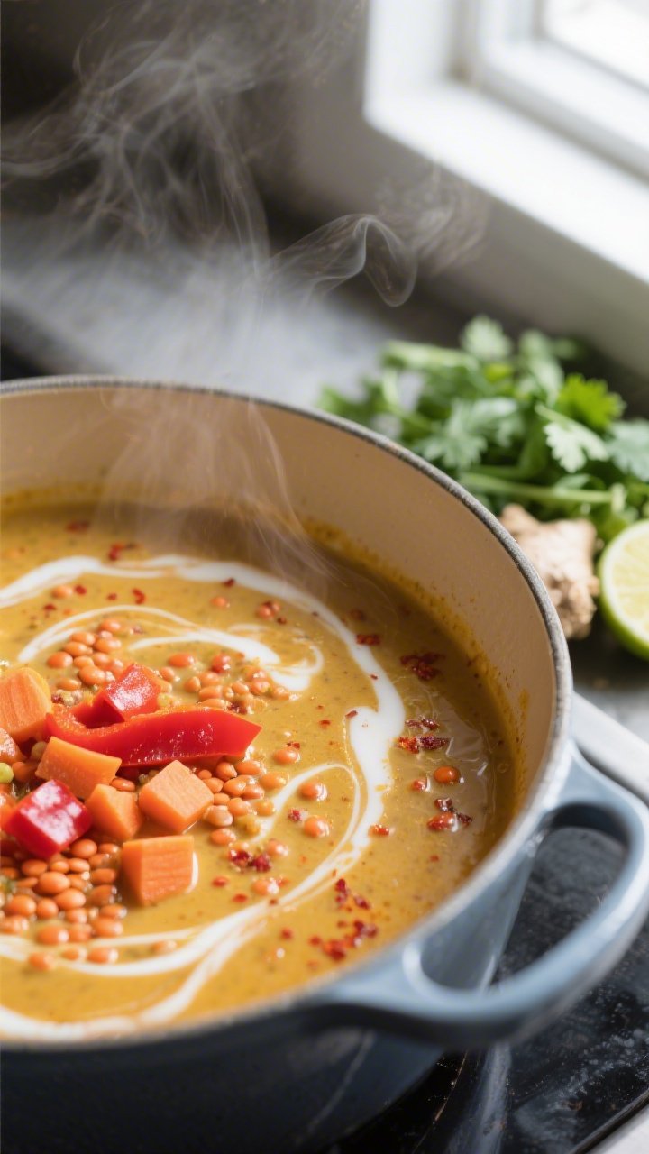 Cooking process — Curried Red Lentil Coconut Soup: steam-kissed close-up of a simmering pot with t
