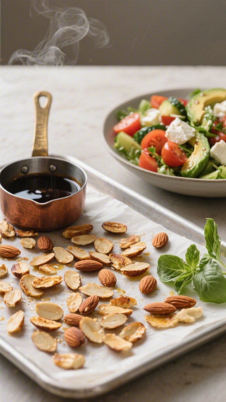 Cooking process focus: Medium-close shot of freshly toasted sliced almonds cooling on a parchment-li