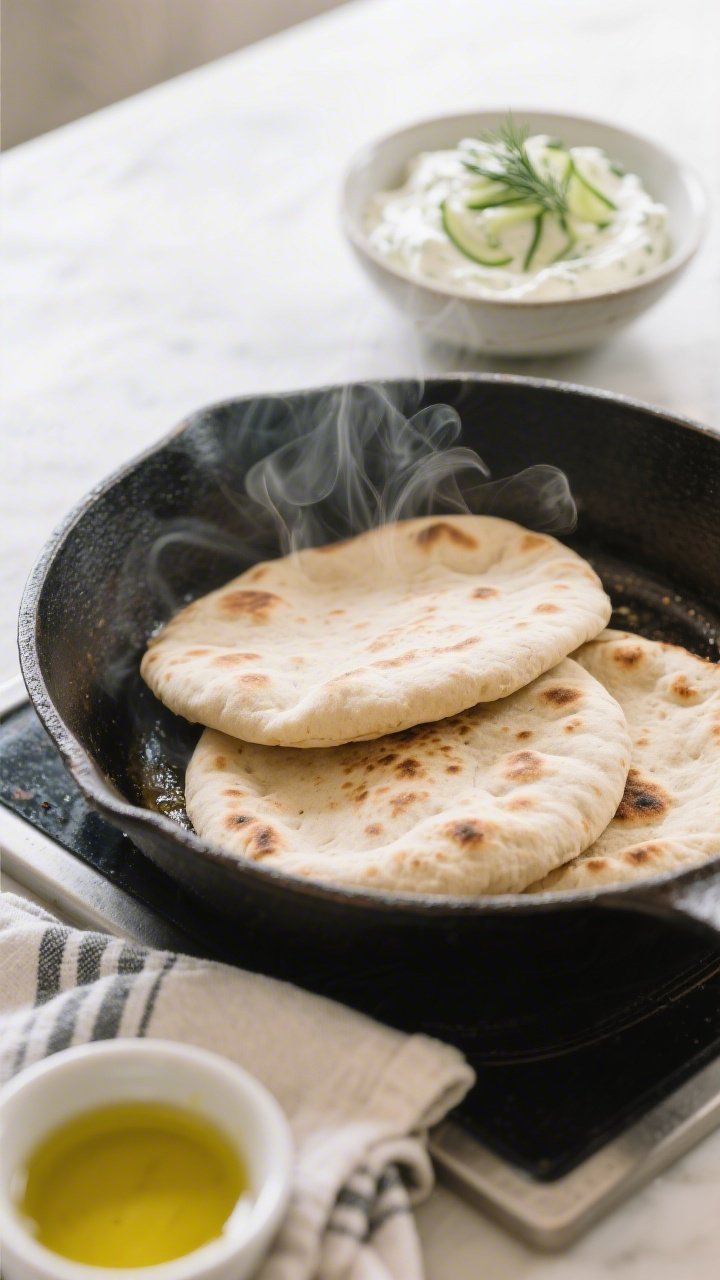 Cooking process: Gluten-free pitas warming in a dry cast-iron skillet until soft and lightly blister