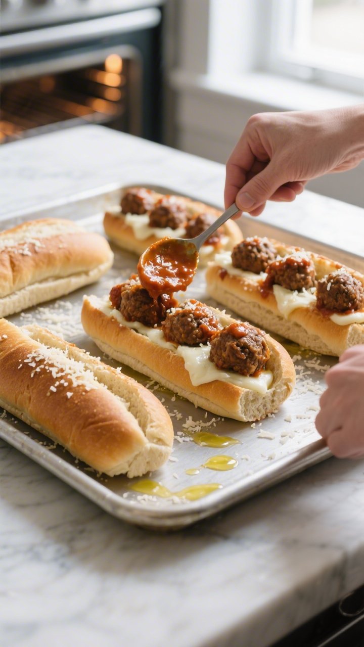 Cooking process: Gluten-free sub rolls on a sheet pan, lightly toasted and brushed with olive oil, b