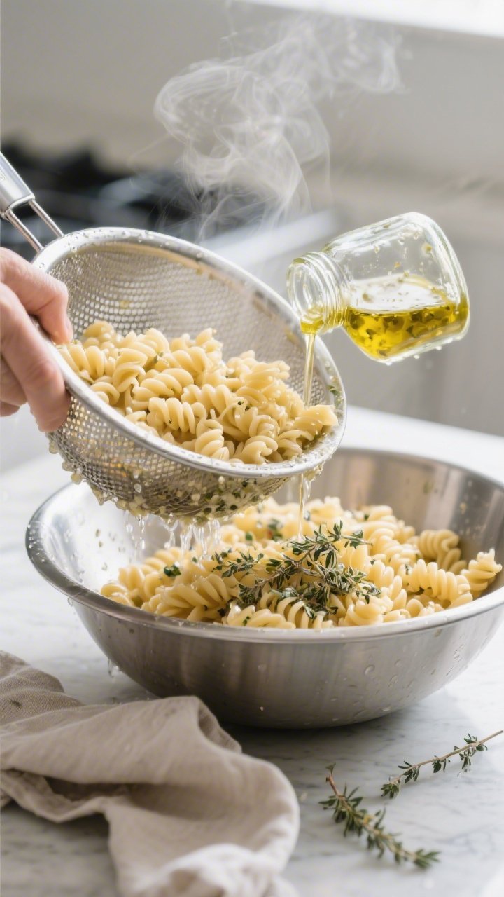 Cooking process: Just-cooled al dente fusilli being shaken dry in a colander and transferred to a wi