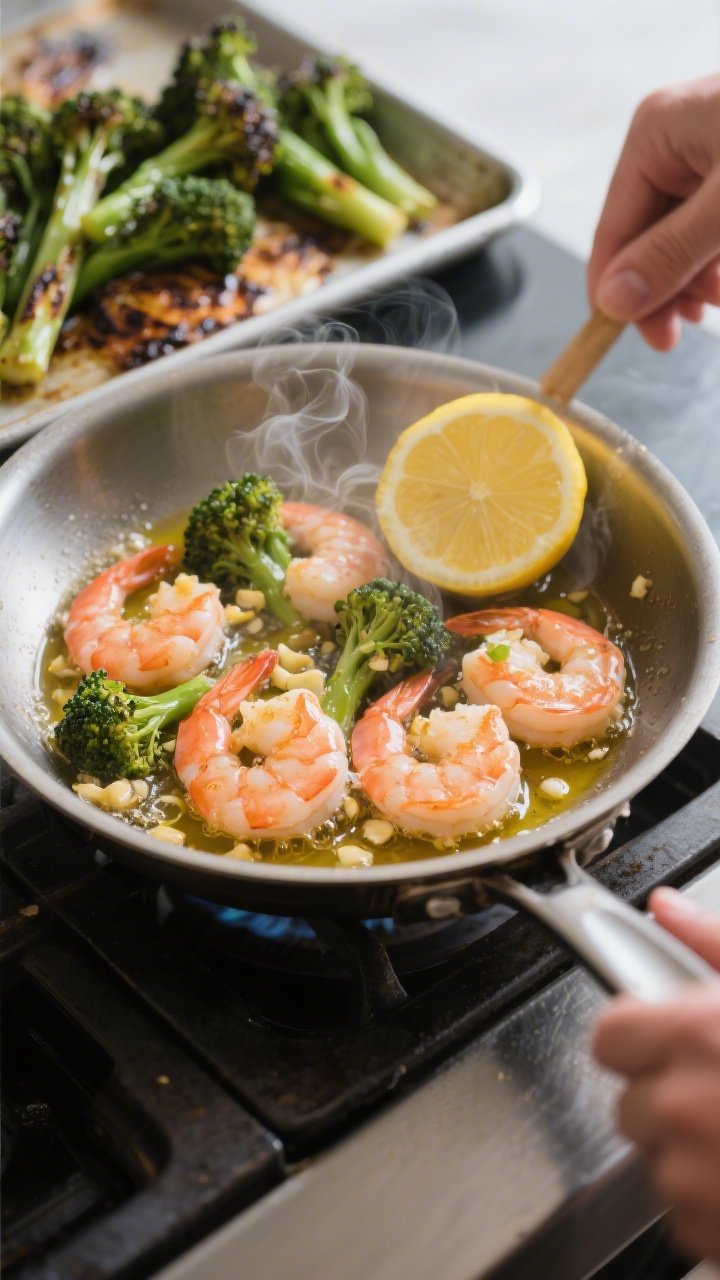 Cooking process – Lemon-Garlic Shrimp with Broccolini: Shrimp sizzling in a stainless skillet, jus