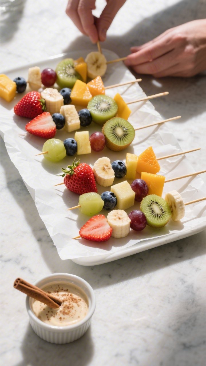 Cooking/process moment: Assembling the prepared skewers on a parchment-lined platter, uniform 1-inch