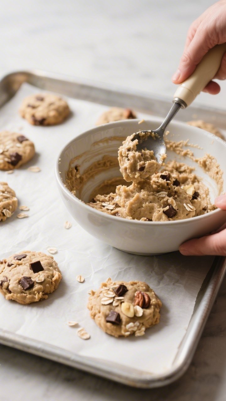 Cooking process: One-bowl mixture moment showing the thick, scoopable Banana Oat cookie dough being 