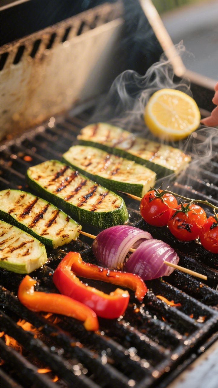Cooking process: Over-the-grill action shot of zucchini planks, bell pepper strips, red onion wedges